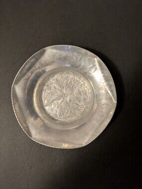 Hand Forged Aluminum Embossed Floral Accent Bowl Vintage 1950s